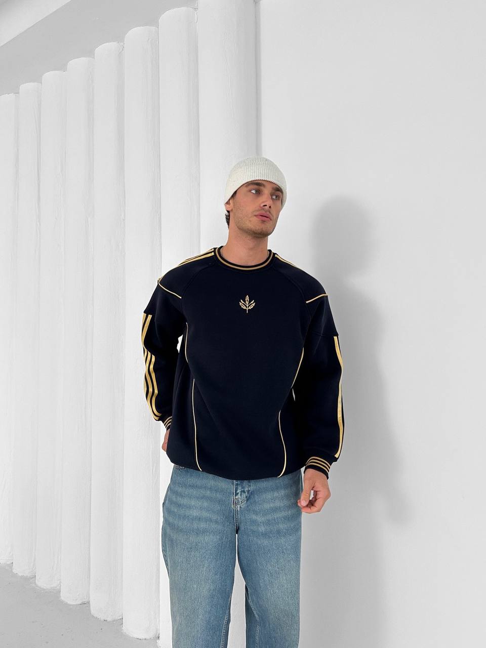 Retro navy crewneck sweatshirt with gold piping and striped ribbed cuffs – Withinblack streetwear