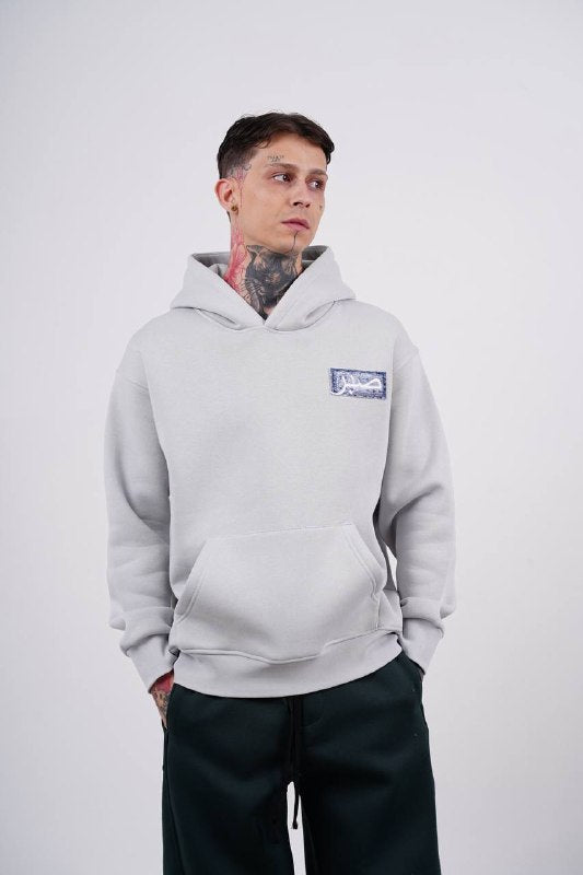 Purple Medallion Tile Art Oversized Hoodie in Grey - front view
