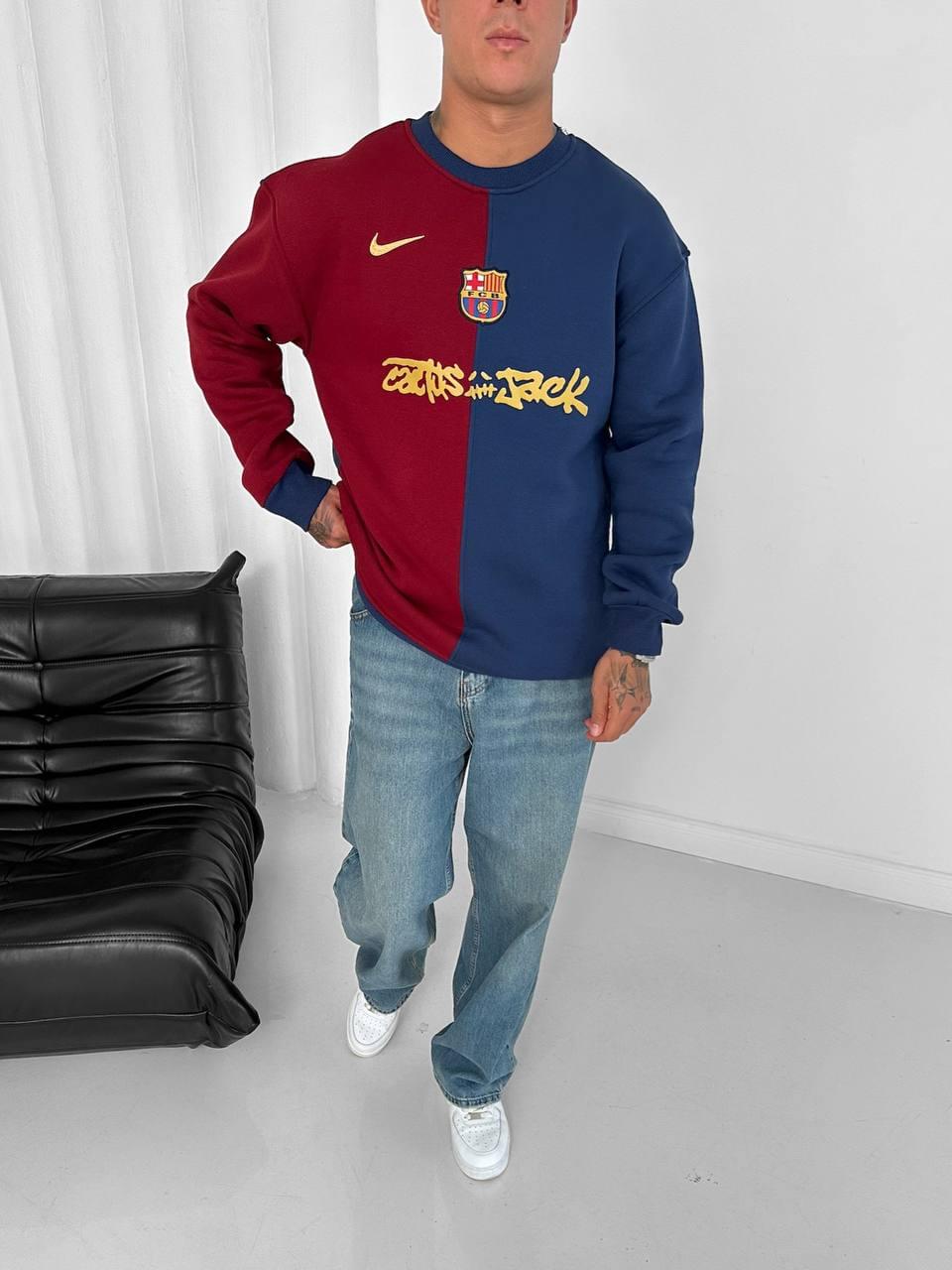 Split Color-Block Cactus Jack x Barcelona Crewneck.