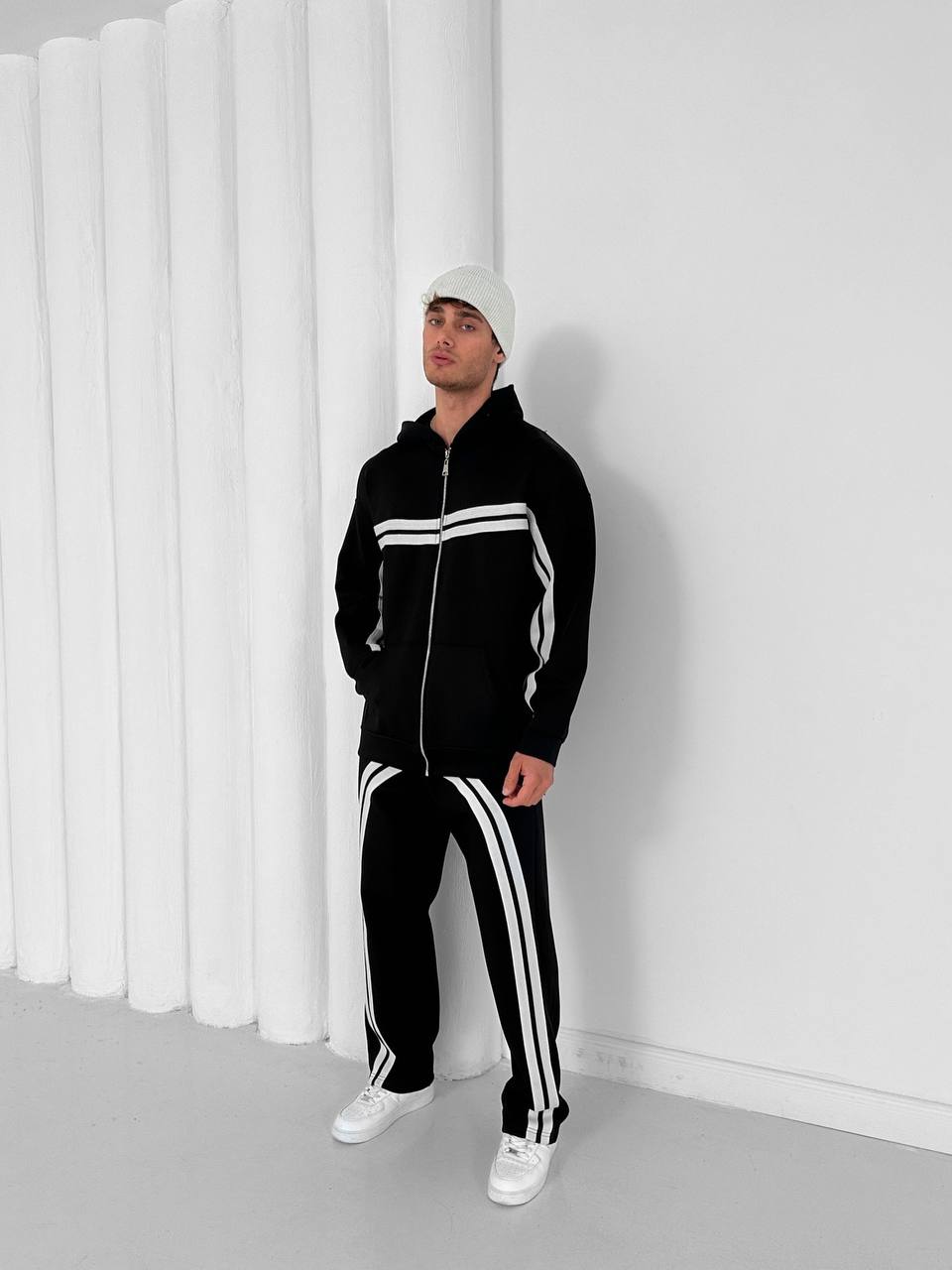 Black structured stripe scuba tracksuit set with white contrast lines – Withinblack blokecore