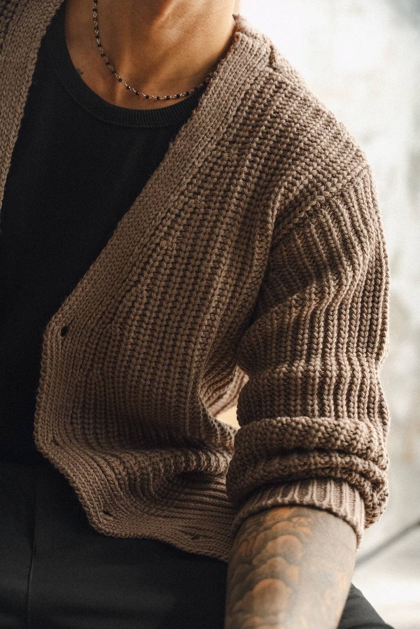Textured Knit Cardigan – Taupe Brown
