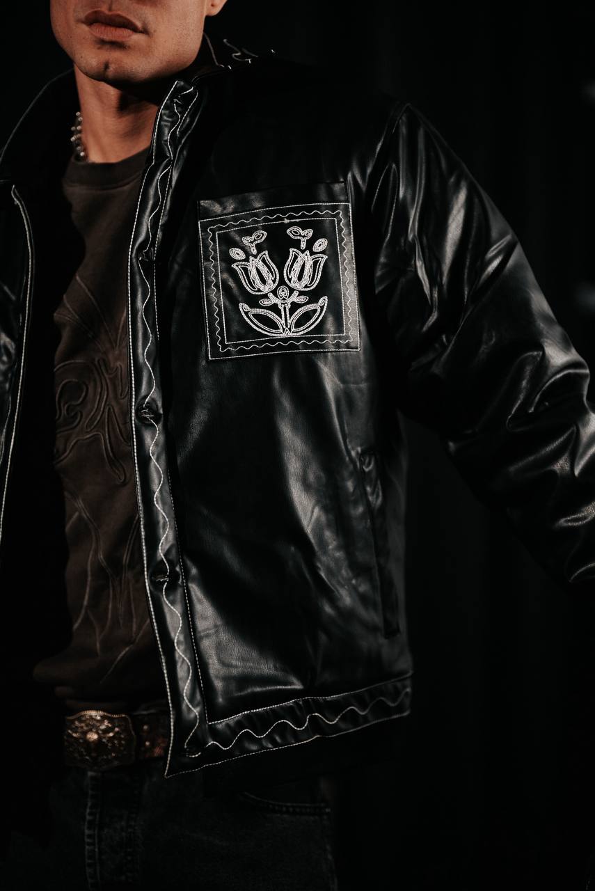 Tulip Embroidered Vegan Leather Bomber Jacket