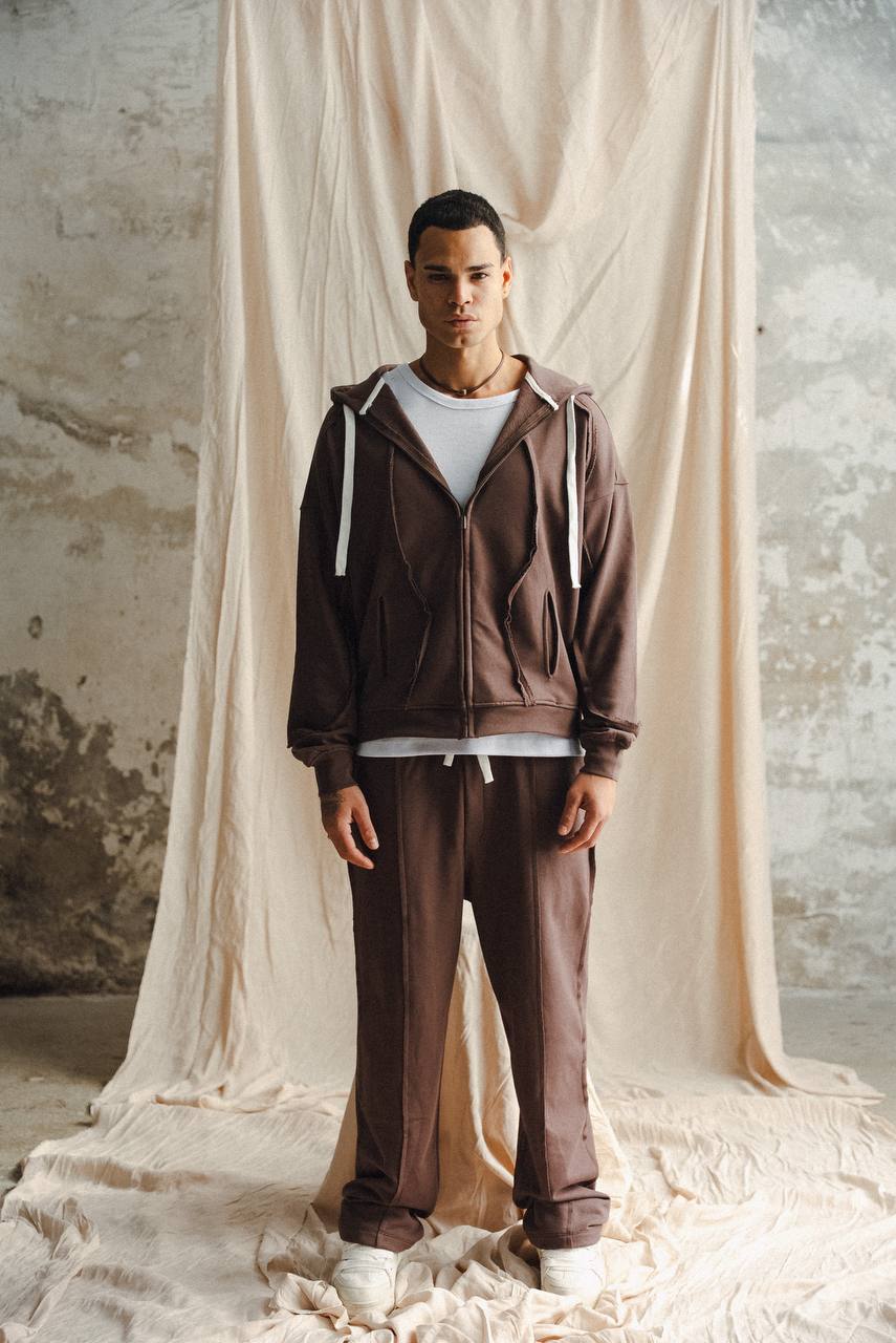 Unisex Raw Seam Fleece Tracksuit Set – Brown