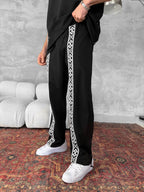 Unisex Cotton Joggers with Side Pattern / Black Streetwear Pants