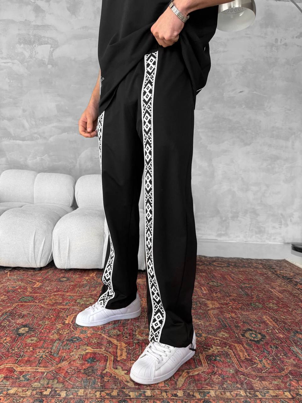 Unisex Cotton Joggers with Side Pattern / Black Streetwear Pants