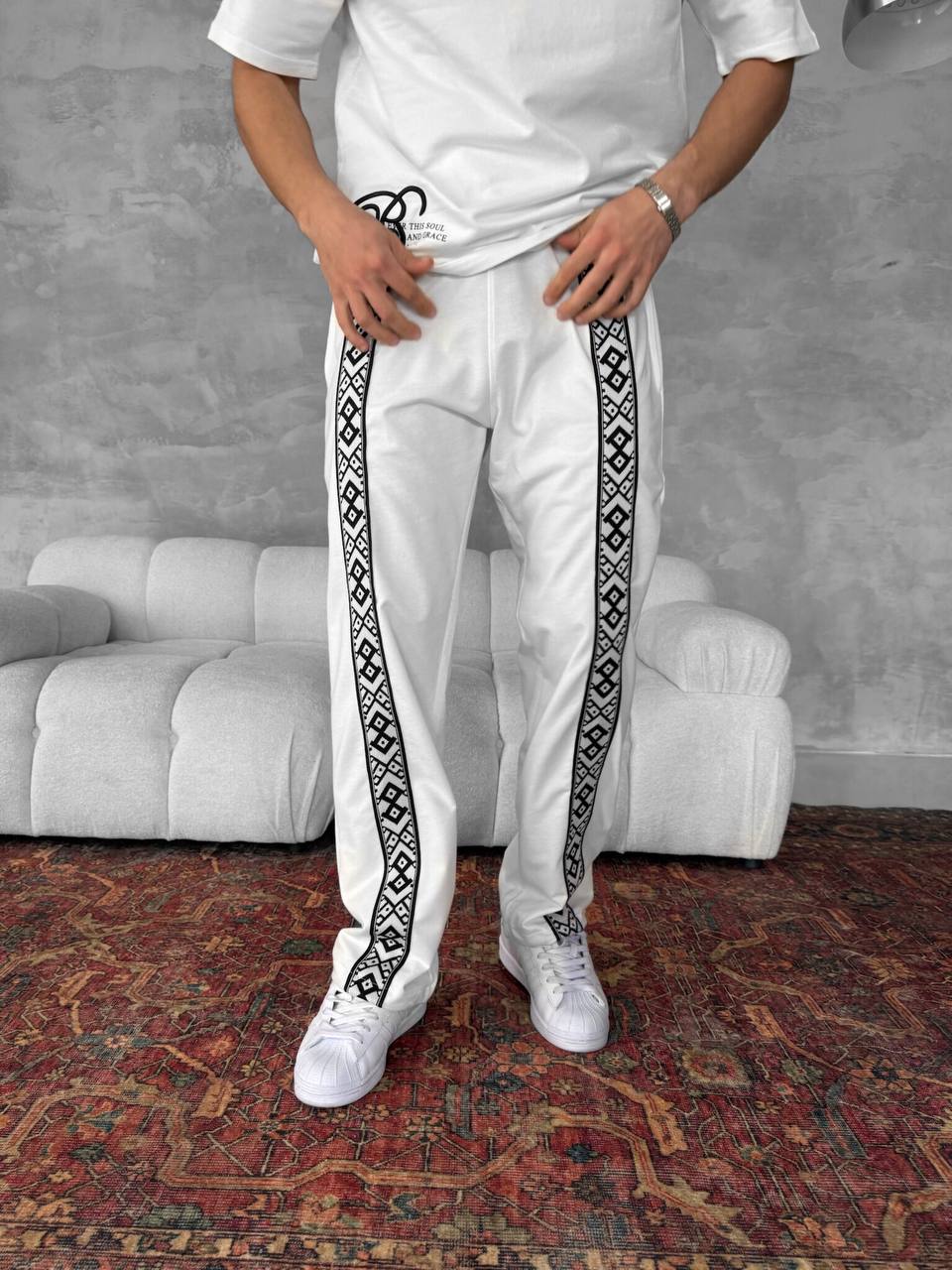 Unisex Cotton Joggers with Side Pattern / Black Streetwear Pants