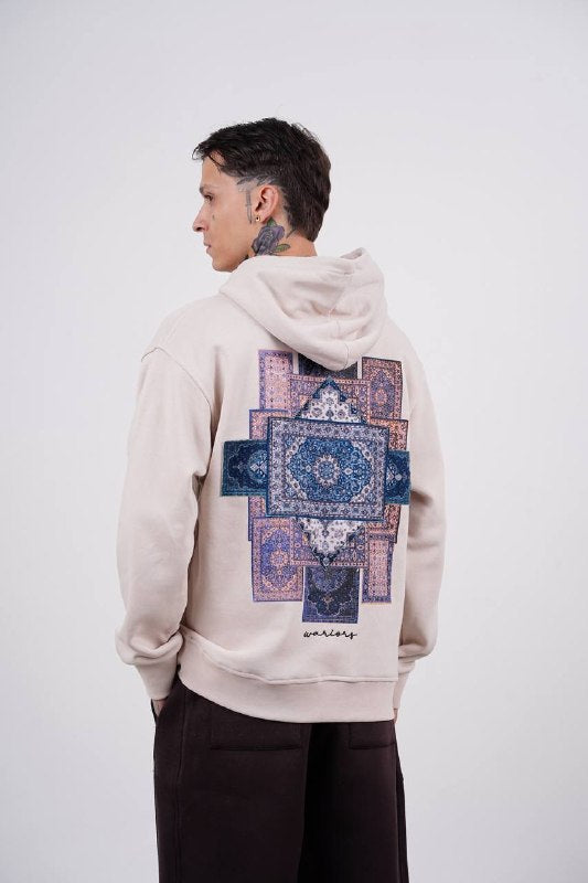 Purple Medallion Tile Art Oversized Hoodie in Cream - back view