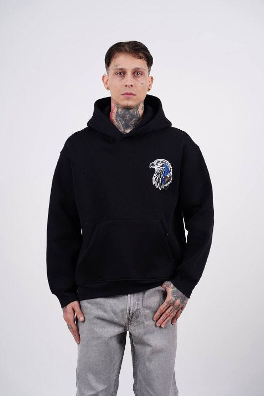 Blue Eagle Wings Graphic Oversized Hoodie in Black - front view