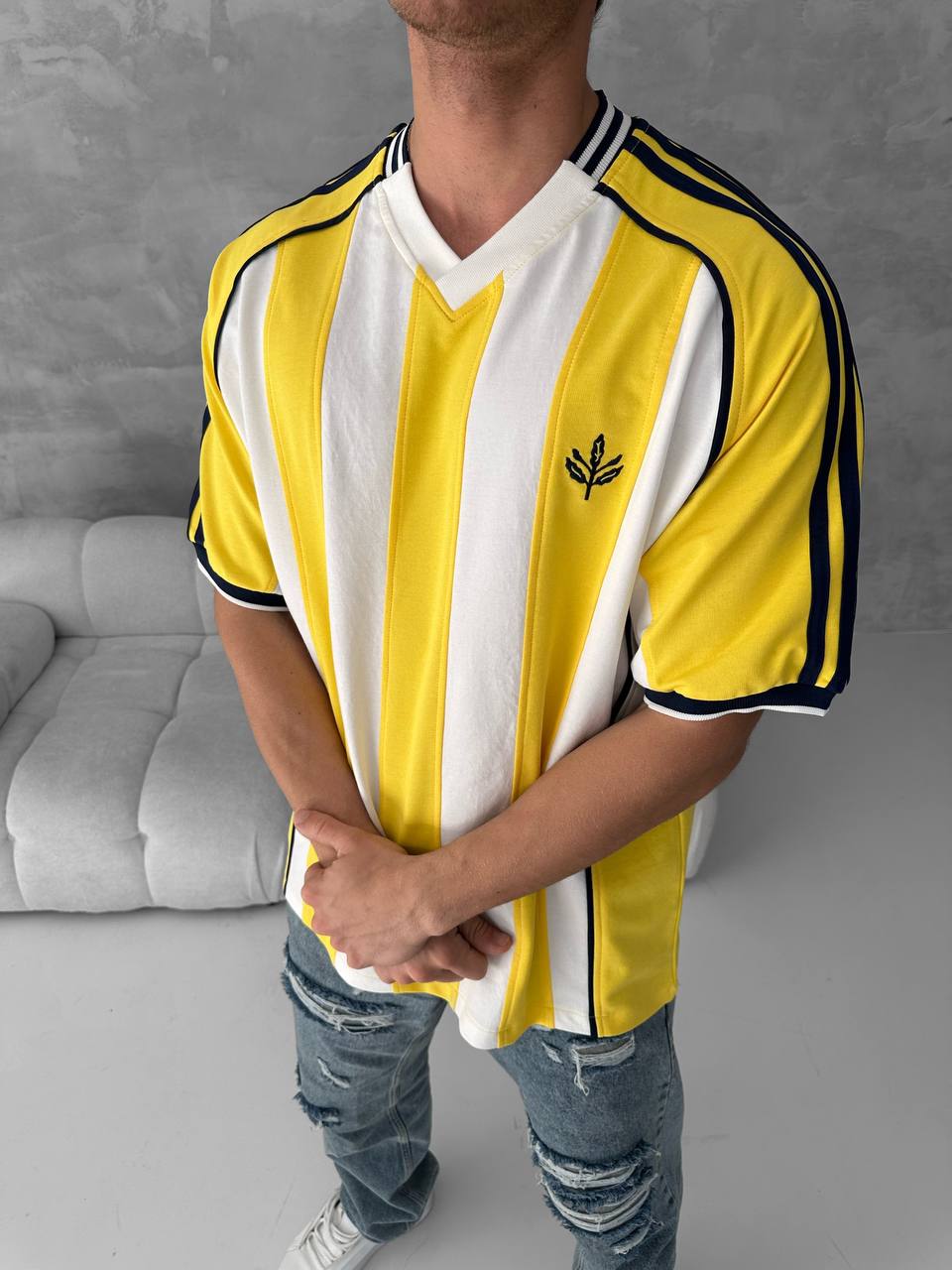 Yellow Black Striped Cotton T-Shirt / Jersey Style Sporty Tee