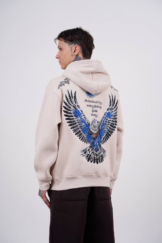 Blue Eagle Wings Graphic Oversized Hoodie in Beige - back view