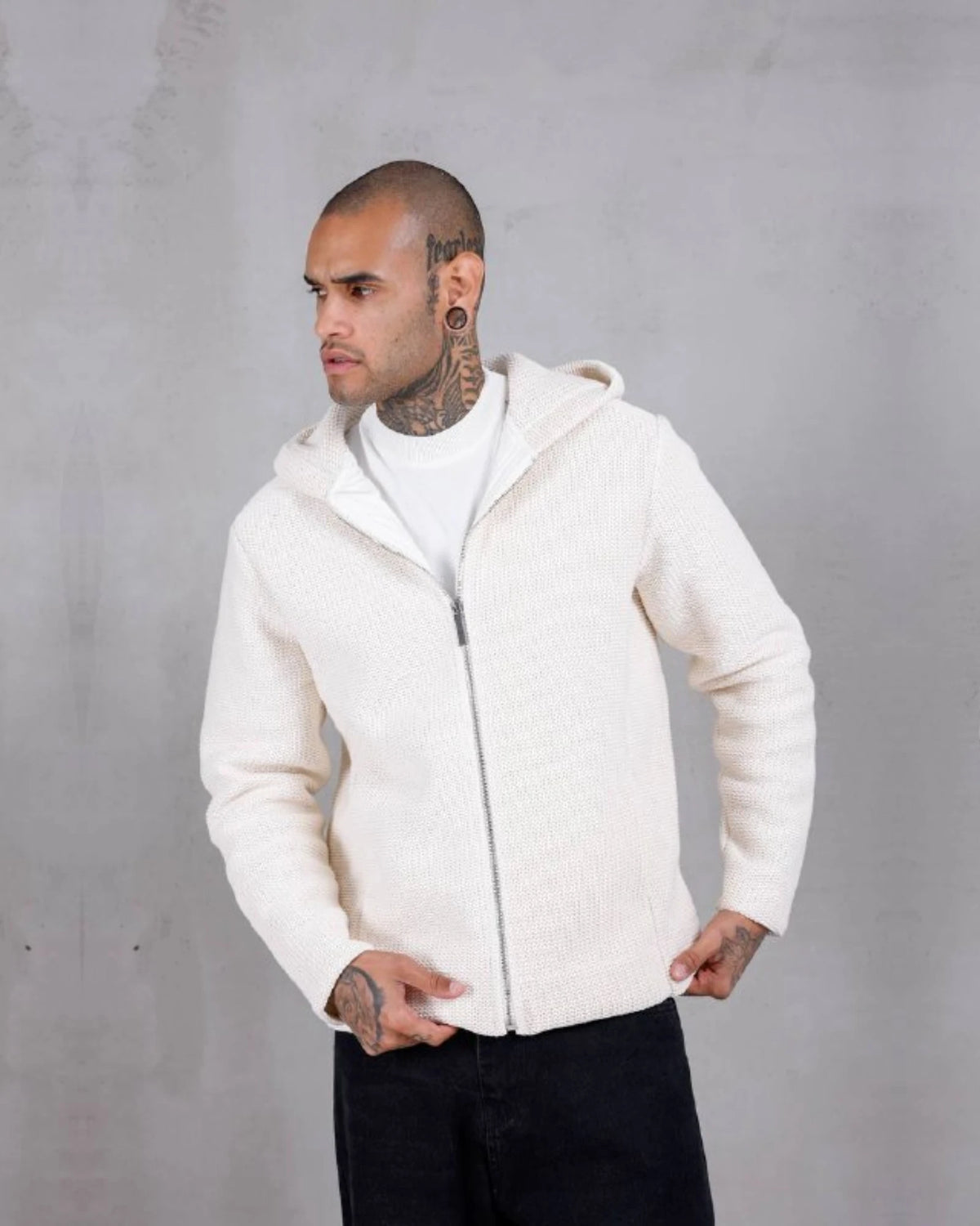 Armor Knit Hooded Zip Jacket in ecru, photo 1