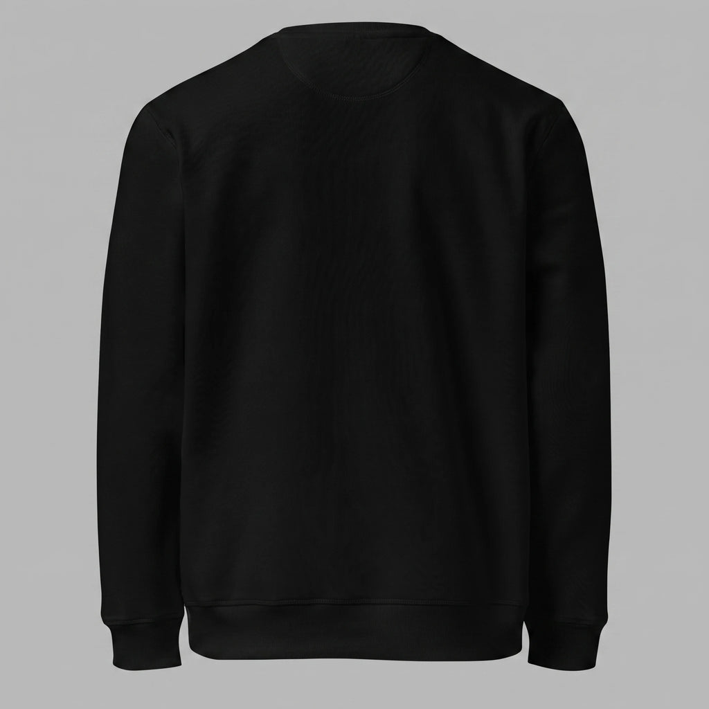 Back view of a plain black crewneck sweatshirt displayed flat against a solid grey background, showing ribbed collar, cuffs, and hem with no graphics or prints.