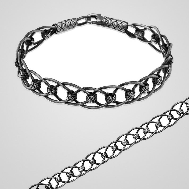 Men's oxidized 925 sterling silver link bracelet with hand-wrapped kazaziye links