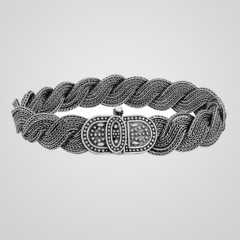 Men's 12 mm hand-woven 925 sterling silver bracelet with patterned clasp, antiqued