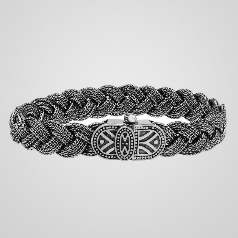 Men's 12 mm hand-woven 925 sterling silver bracelet with antiqued finish