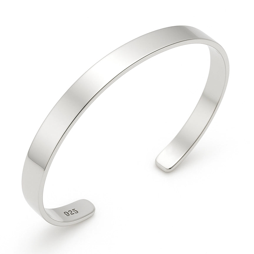 Men's 925 sterling silver open cuff bracelet, minimalist polished silver bangle on white background
