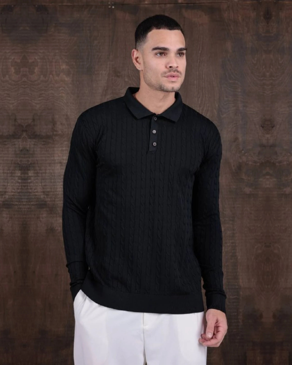 Cable Knit Polo Collar Sweater in black, photo 1