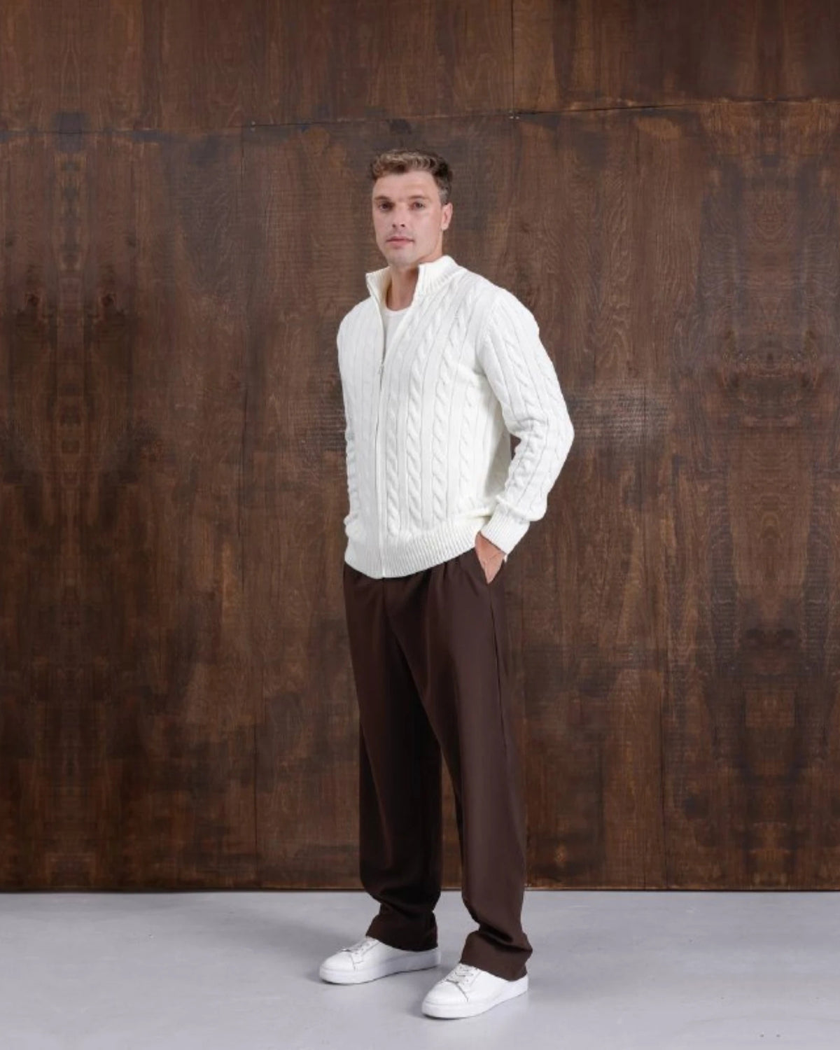 Cable Knit Zip Cardigan in ecru, photo 2