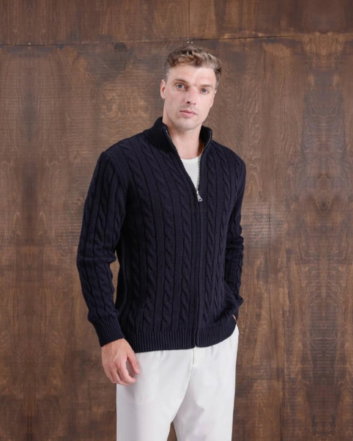 Cable Knit Zip Cardigan in navy, photo 1