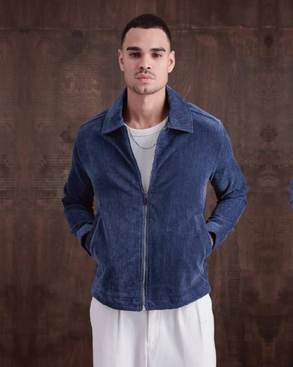 Chenille Gabardine Shirt Collar Zip Jacket in blue, photo 1
