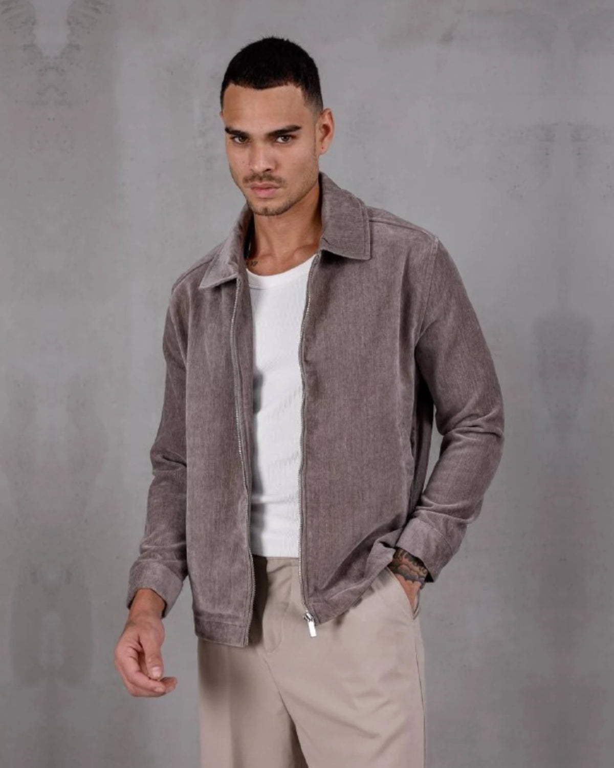 Chenille Gabardine Shirt Collar Zip Jacket in mink, photo 1