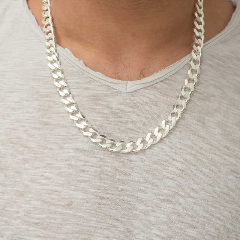 Men's 6 mm rhodium-plated 925 sterling silver curb chain necklace, 55 cm