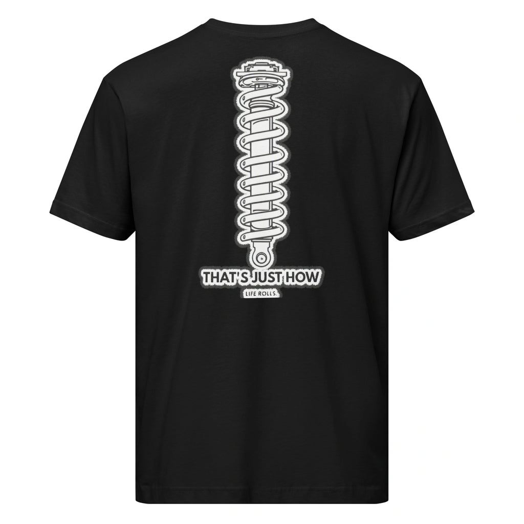 Back view of a black car enthusiast t-shirt featuring a large white coilover suspension graphic and the text That's Just How Life Rolls.