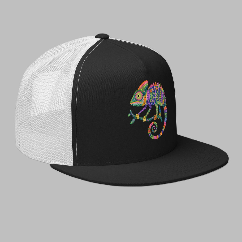 Colorful Chameleon Trucker Hat – Black, front view
