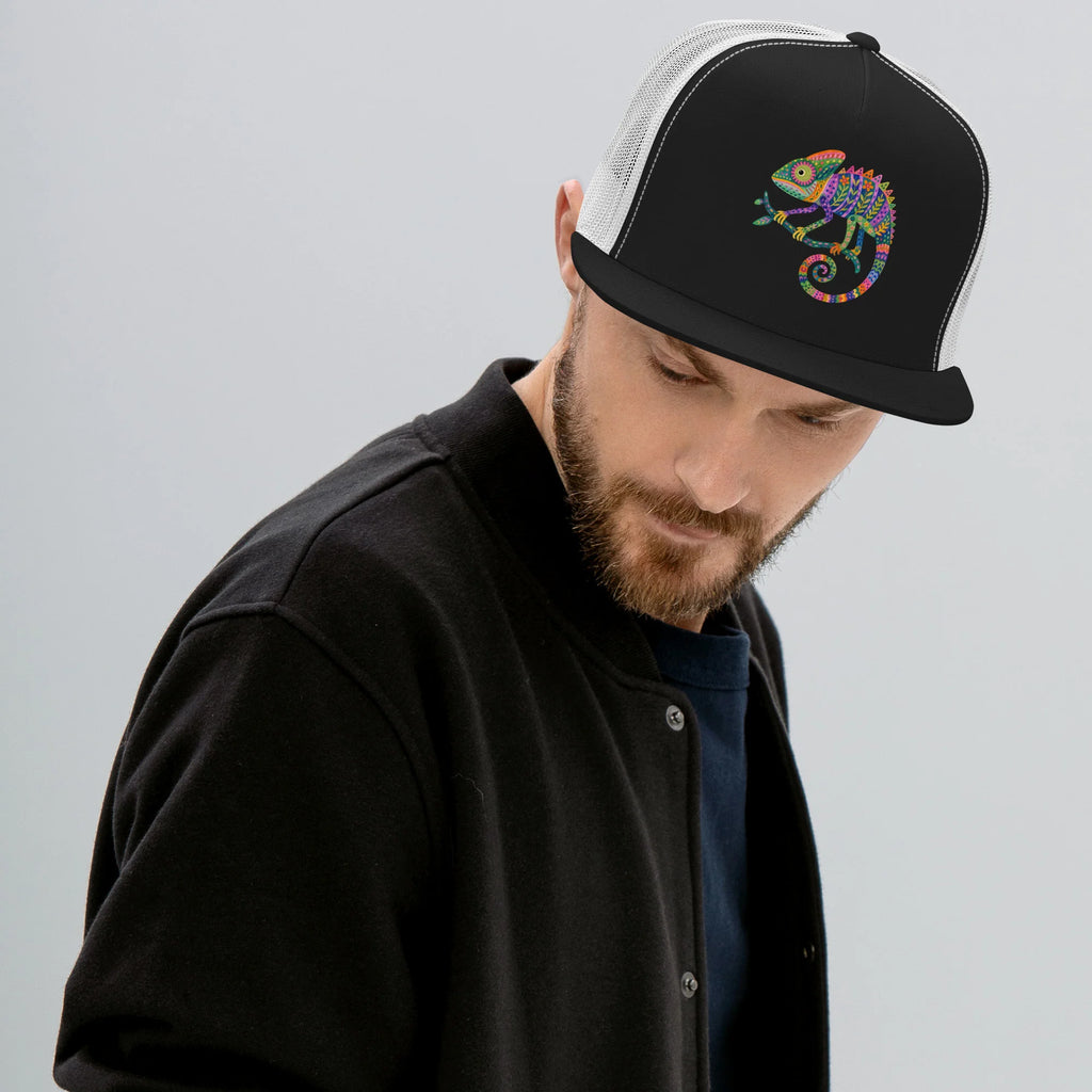 Colorful Chameleon Trucker Hat – Black, front view on model