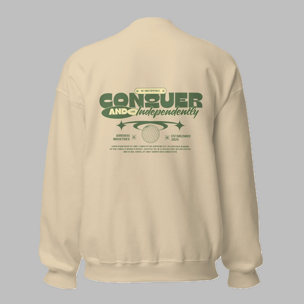 Sand beige crewneck sweatshirt with green Conquer and Live Independently typography and globe back graphic print