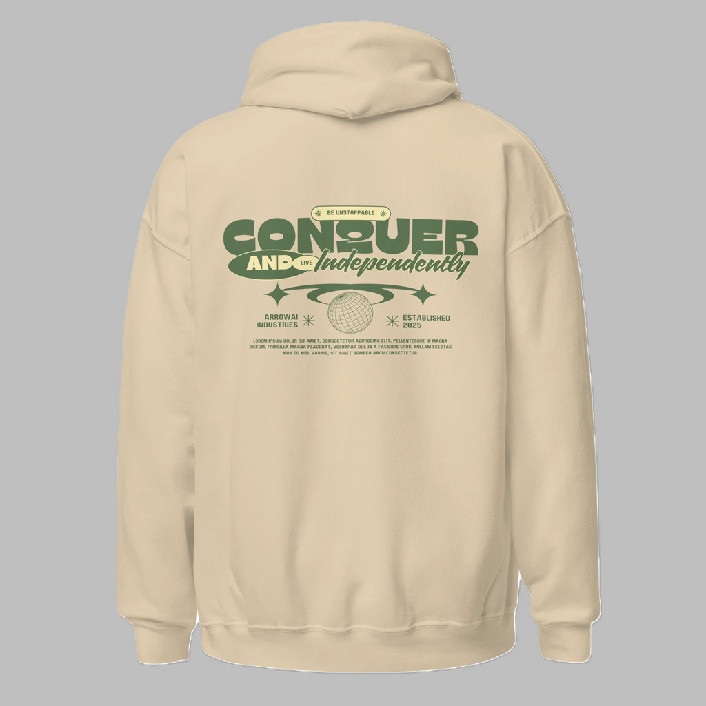 Back view of a sand beige streetwear hoodie featuring a green Conquer and Live Independently graphic print.