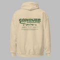 Back view of a sand beige streetwear hoodie featuring a green Conquer and Live Independently graphic print.