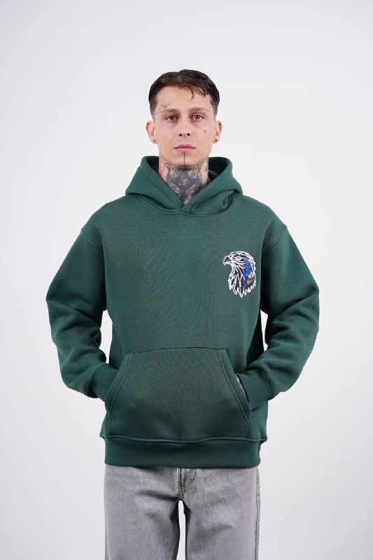 Blue Eagle Wings Graphic Oversized Hoodie in Green - front view