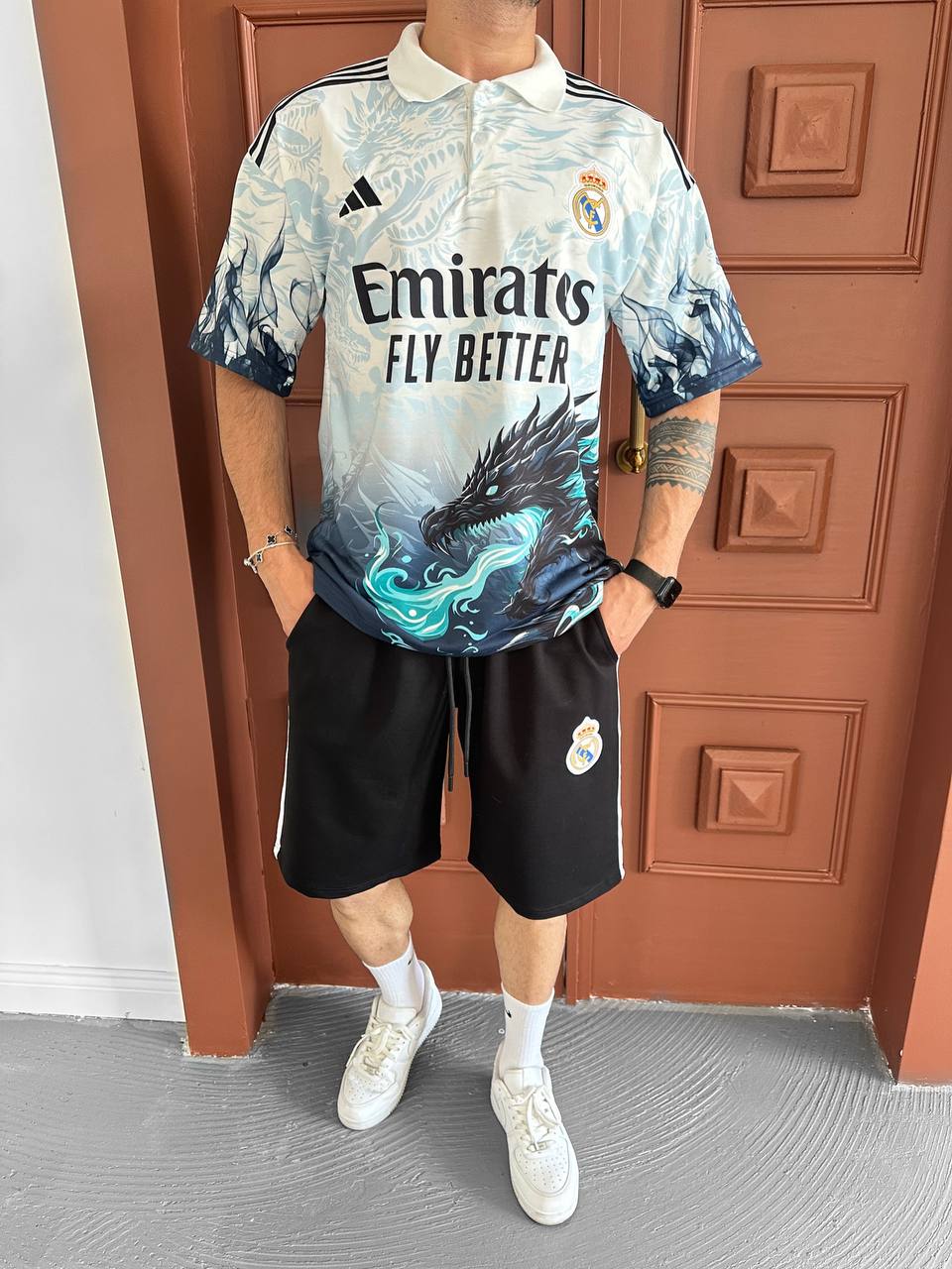 Dragon Fury Men's Graphic Polo & Shorts Set – Fire-Breathing Streetwear with Fantasy Edge