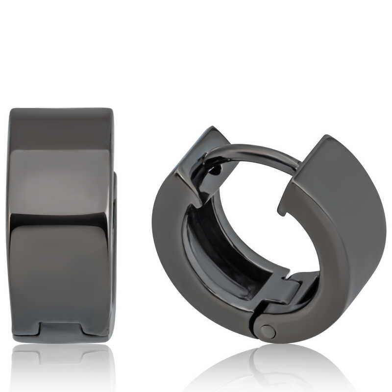 Men's black rhodium sterling silver huggie hoop earring, front and side view