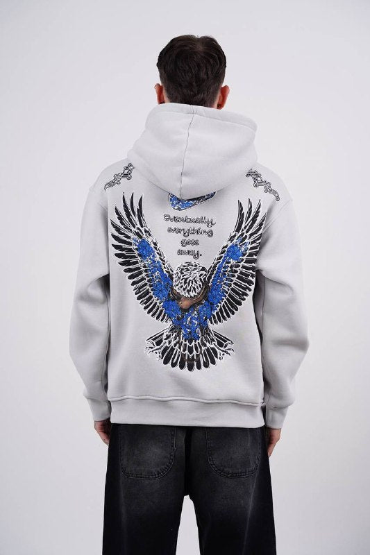 Blue Eagle Wings Graphic Oversized Hoodie in Grey - back view