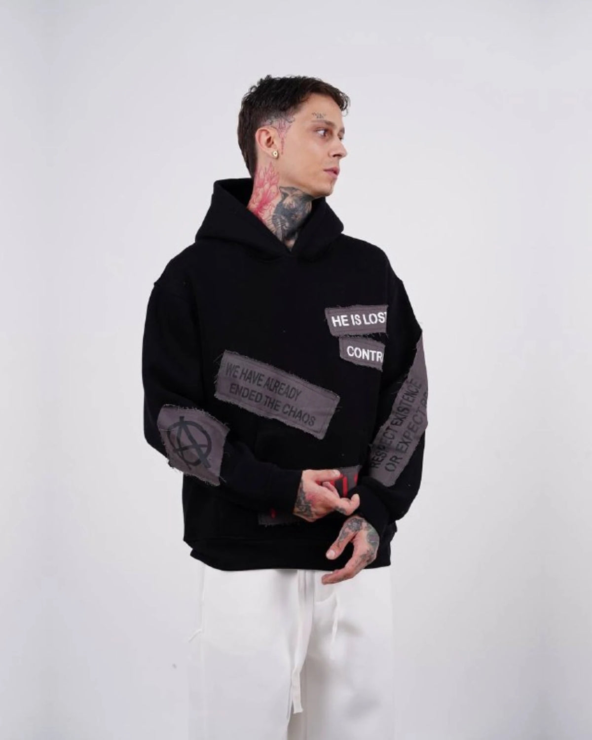 Ended the Chaos oversized patchwork slogan hoodie in black, photo 1