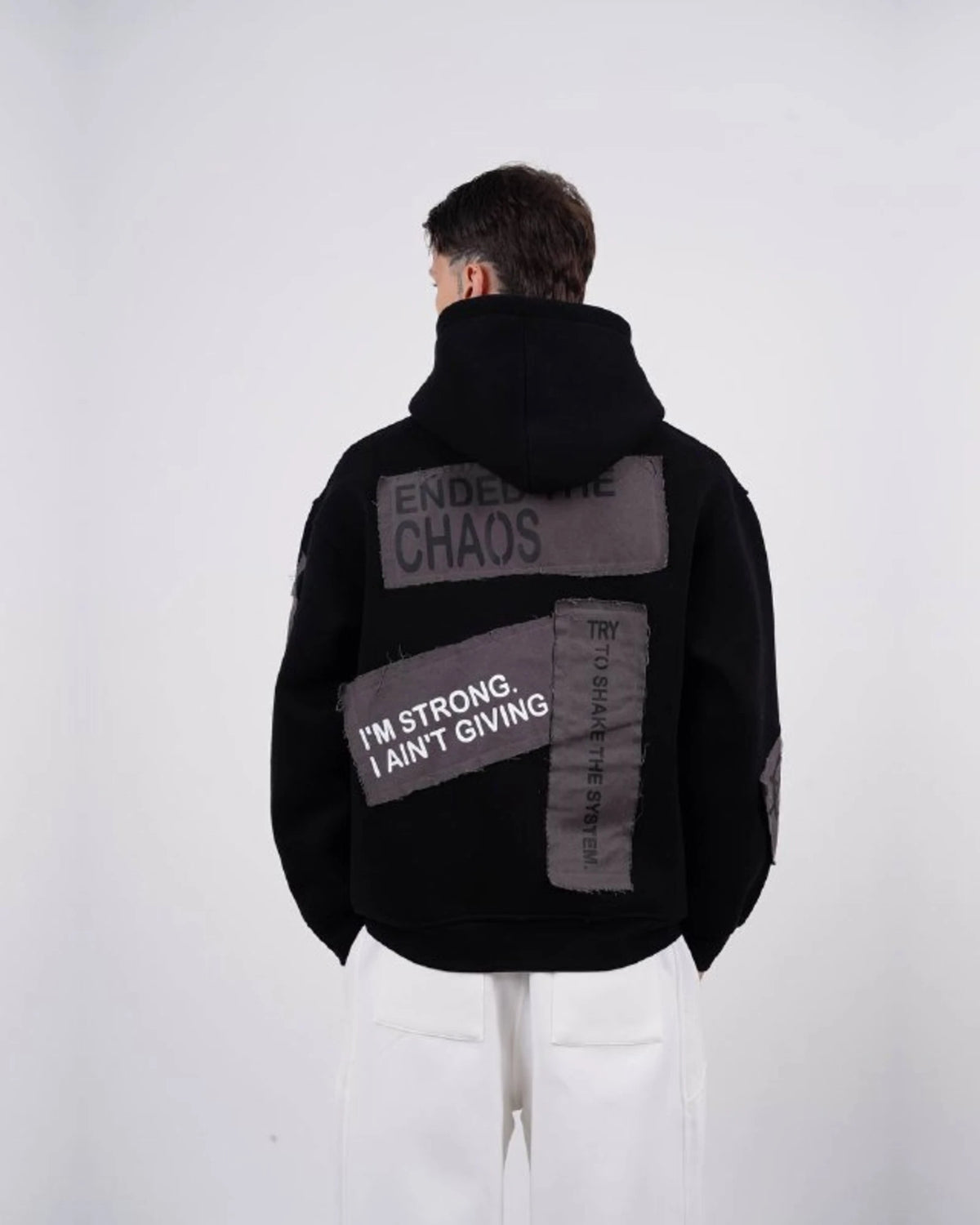 Ended the Chaos oversized patchwork slogan hoodie in black, photo 2