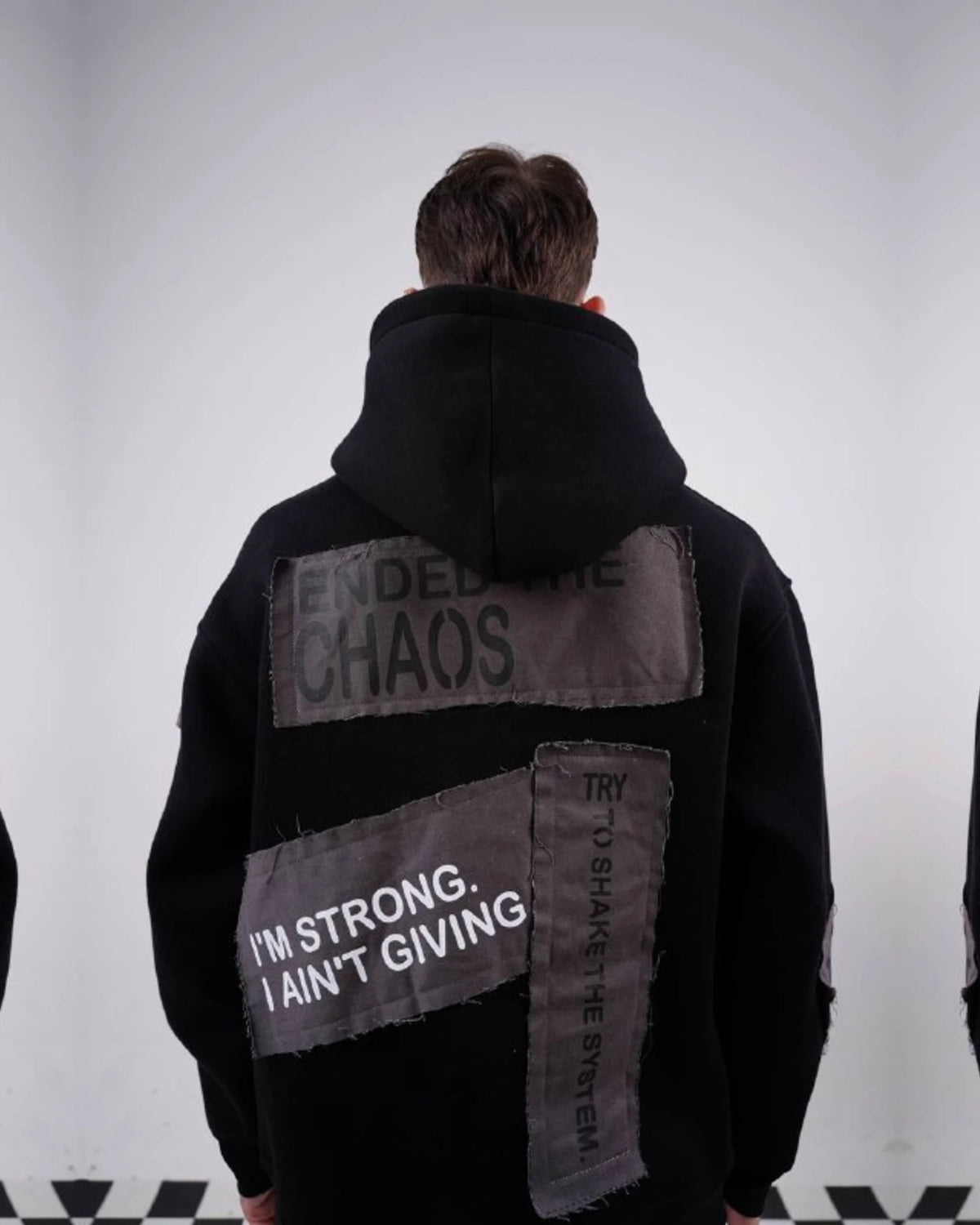 Ended the Chaos oversized patchwork slogan hoodie in black, photo 3