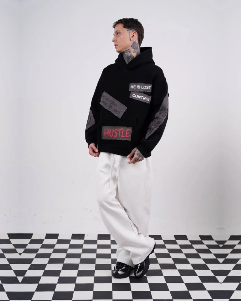 Ended the Chaos oversized patchwork slogan hoodie in black, photo 5