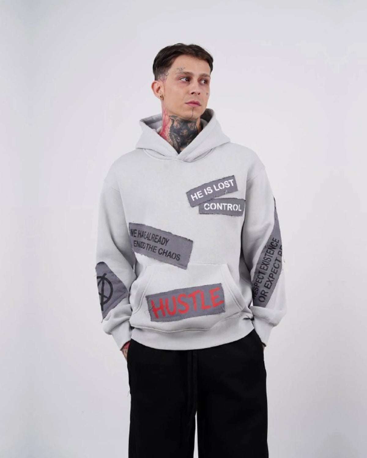 Ended the Chaos oversized patchwork slogan hoodie in light gray, photo 1