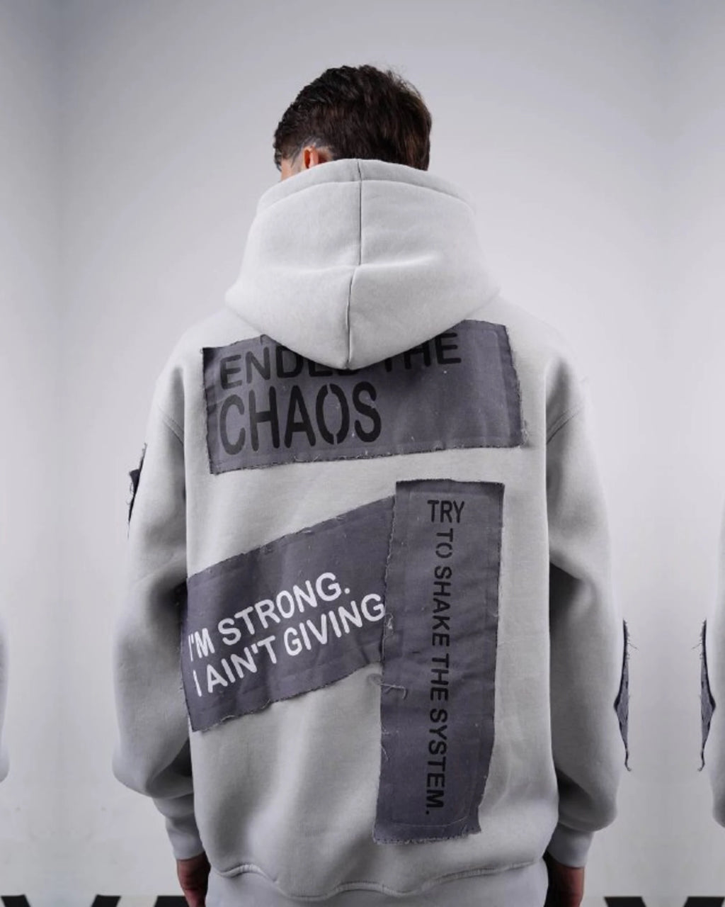 Ended the Chaos oversized patchwork slogan hoodie in light gray, photo 2
