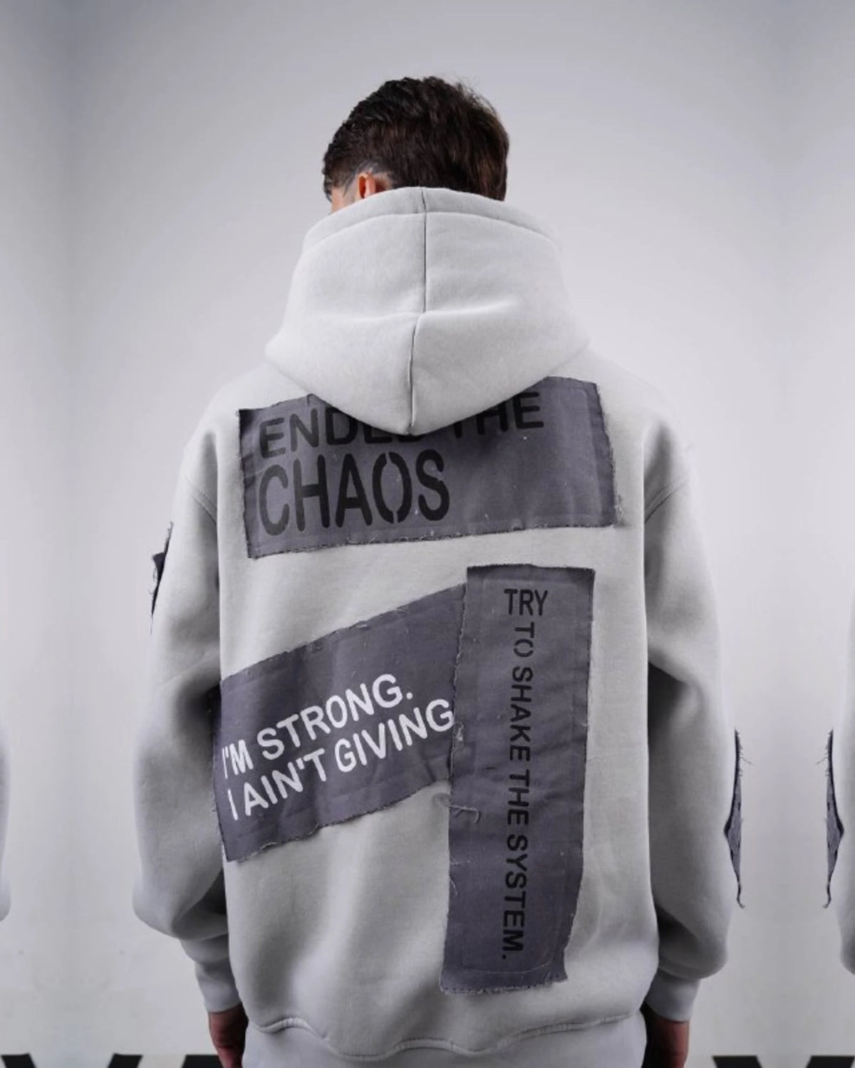 Ended the Chaos oversized patchwork slogan hoodie in light gray, photo 2