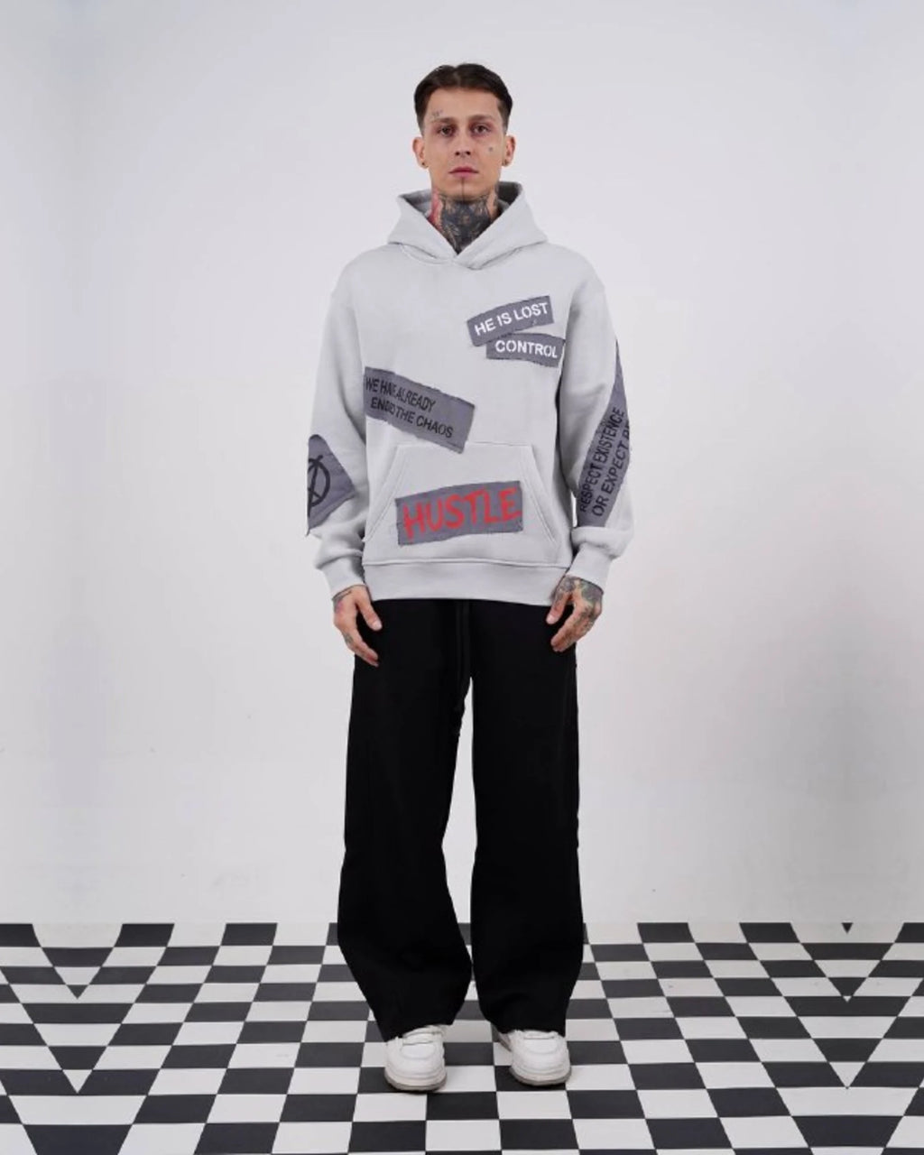 Ended the Chaos oversized patchwork slogan hoodie in light gray, photo 4