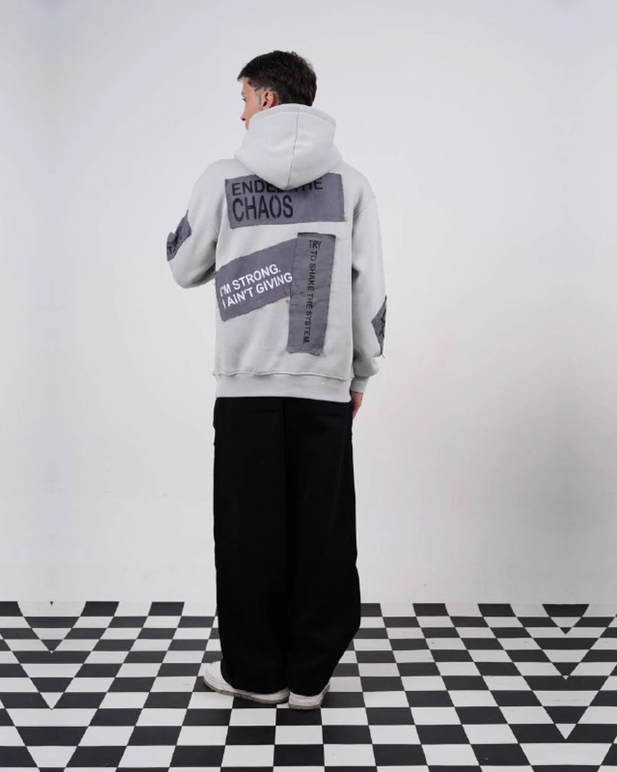 Ended the Chaos oversized patchwork slogan hoodie in light gray, photo 5