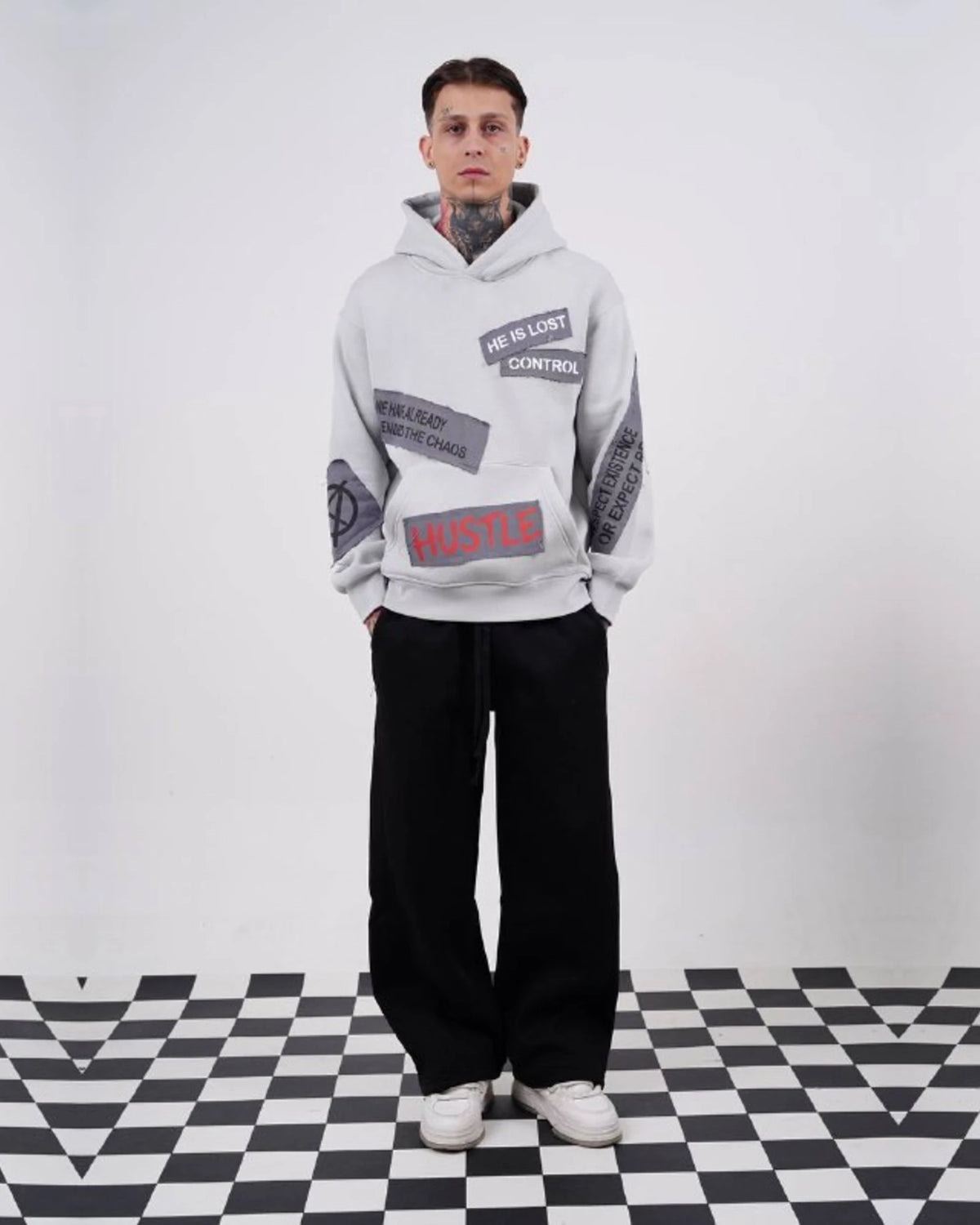 Ended the Chaos oversized patchwork slogan hoodie in light gray, photo 6