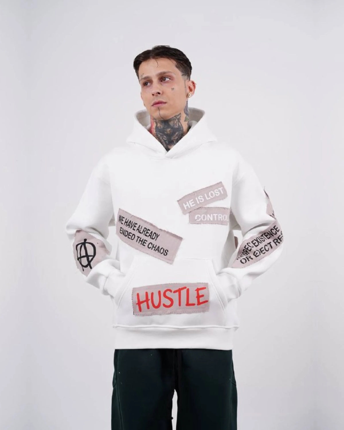 Ended the Chaos oversized patchwork slogan hoodie in off white, photo 1