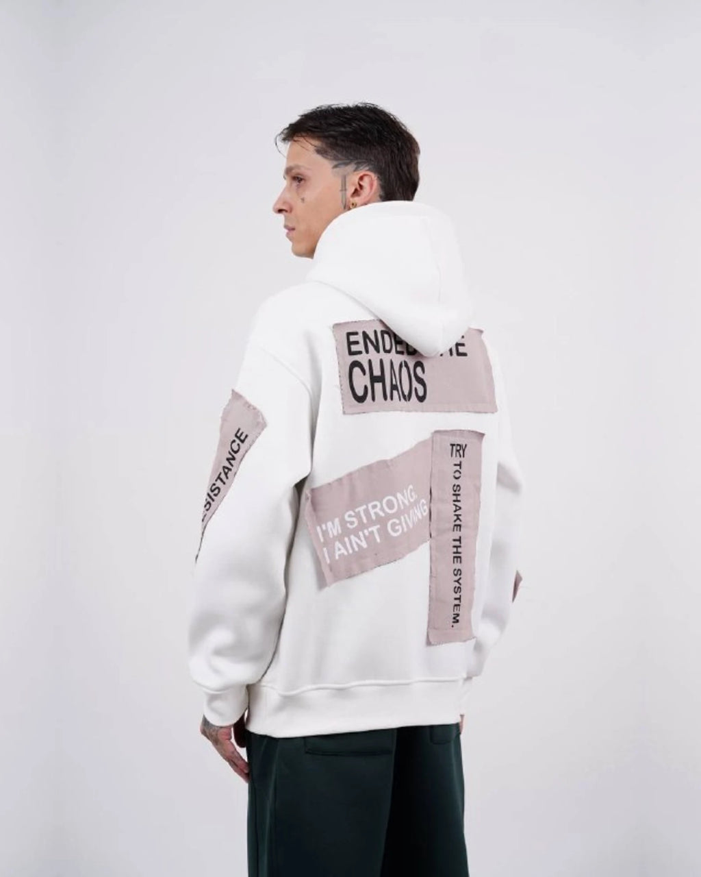 Ended the Chaos oversized patchwork slogan hoodie in off white, photo 2