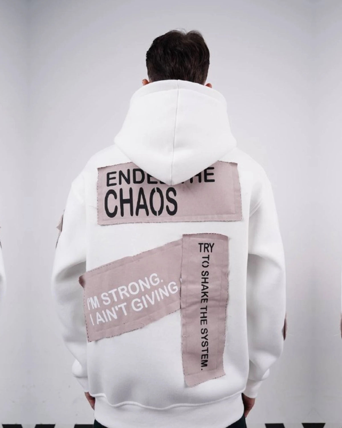 Ended the Chaos oversized patchwork slogan hoodie in off white, photo 3