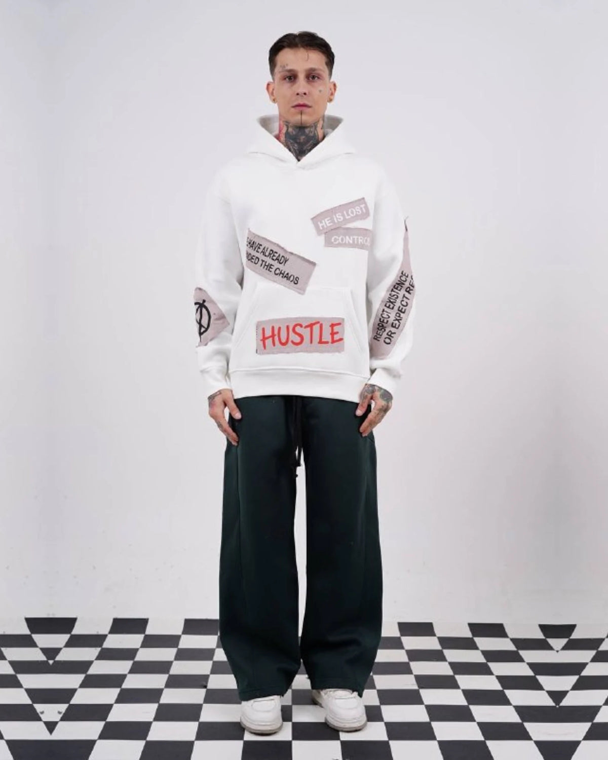 Ended the Chaos oversized patchwork slogan hoodie in off white, photo 4